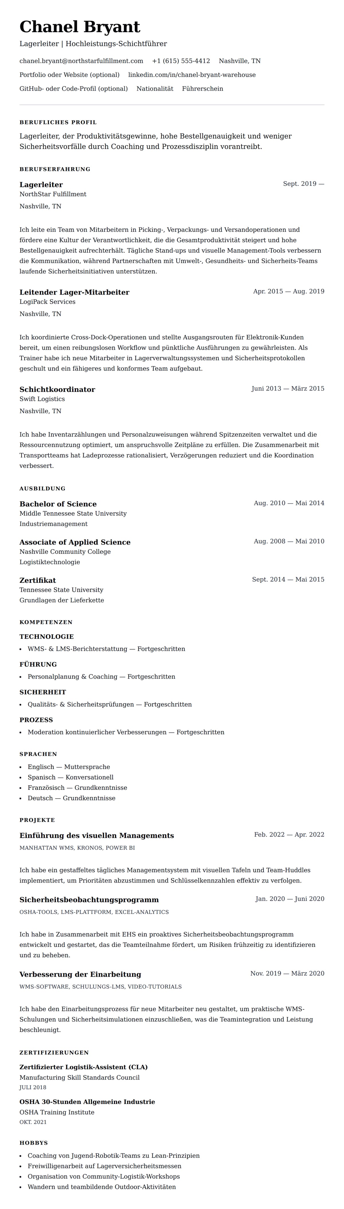 Lebenslaufvorschau für Beispiel-Lebenslauf Lagerleiter