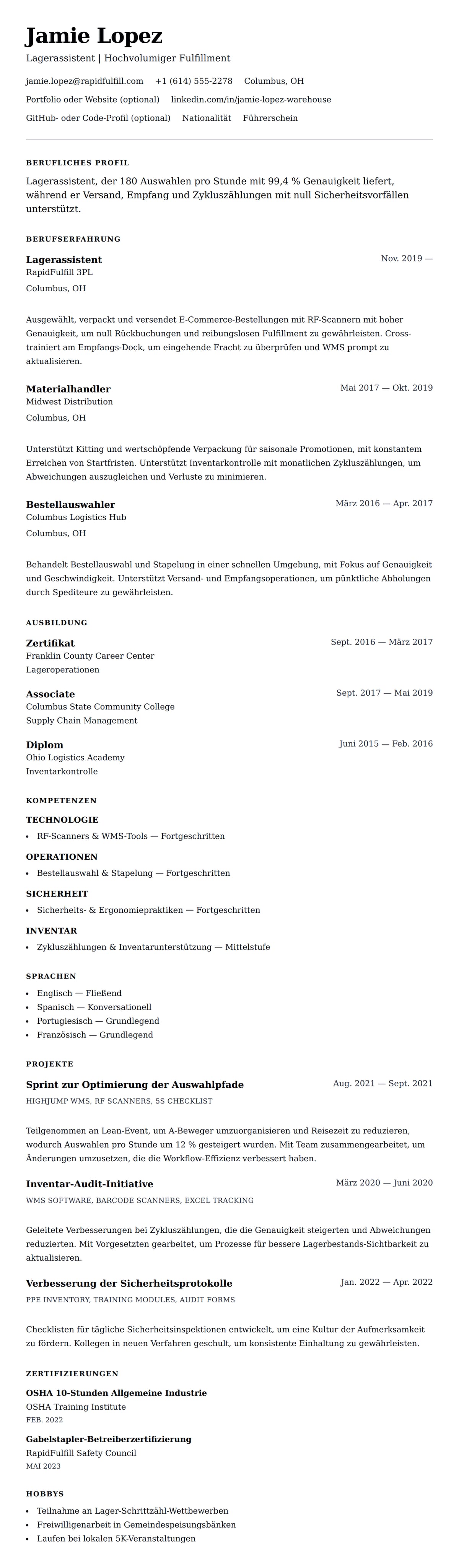 Lebenslaufvorschau für Lagerarbeiter Lebenslaufbeispiel