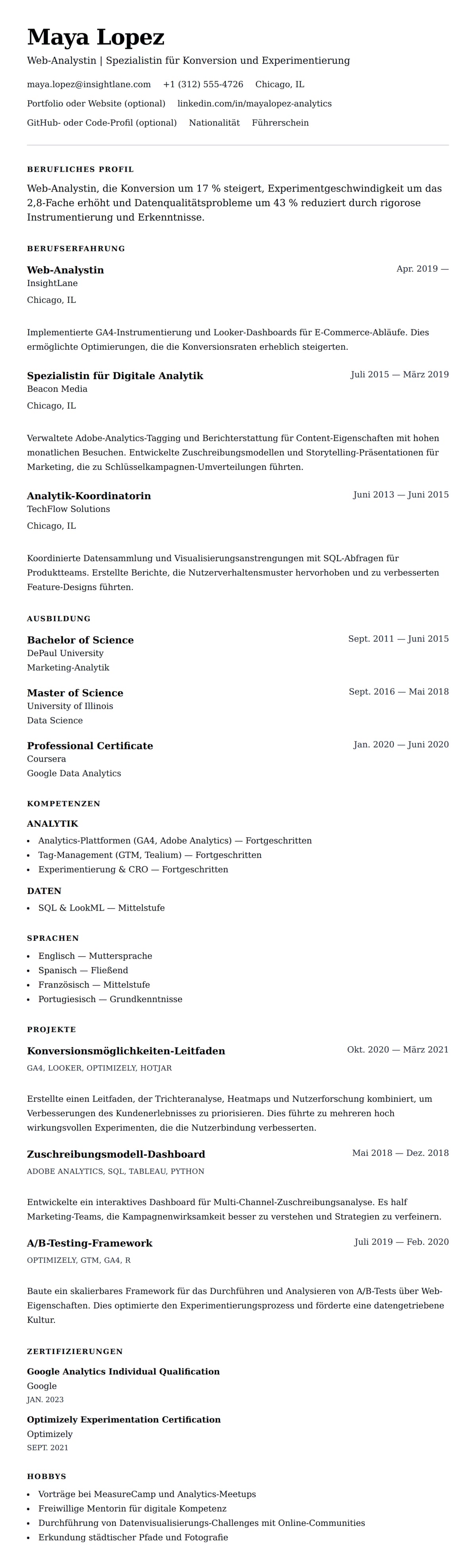 Lebenslaufvorschau für Lebenslaufbeispiel für Web-Analysten