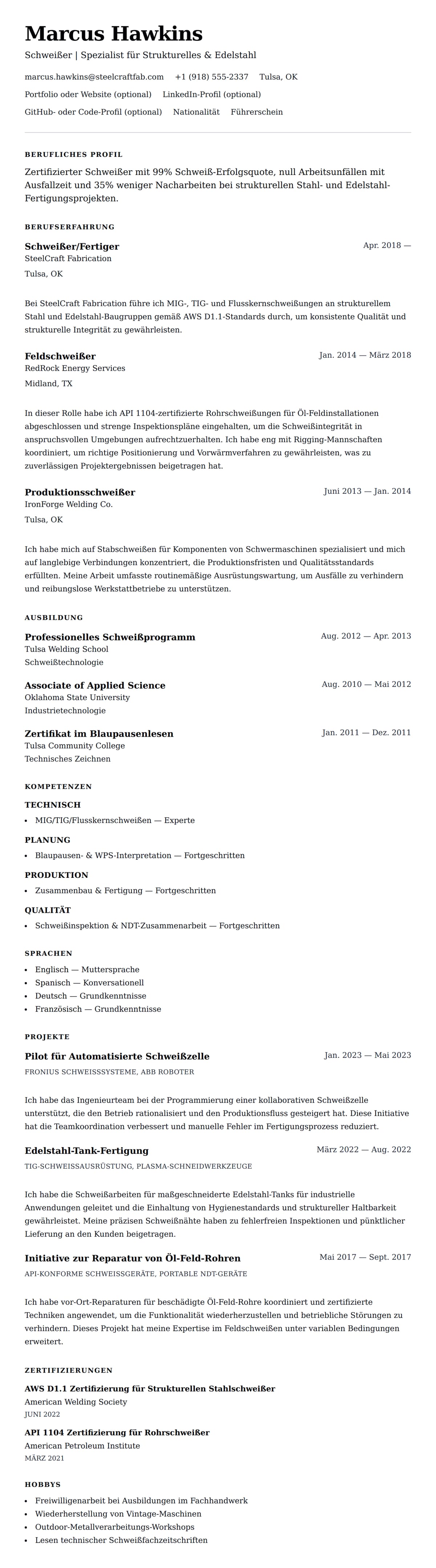 Lebenslaufvorschau für Schweißer Lebenslauf Beispiel