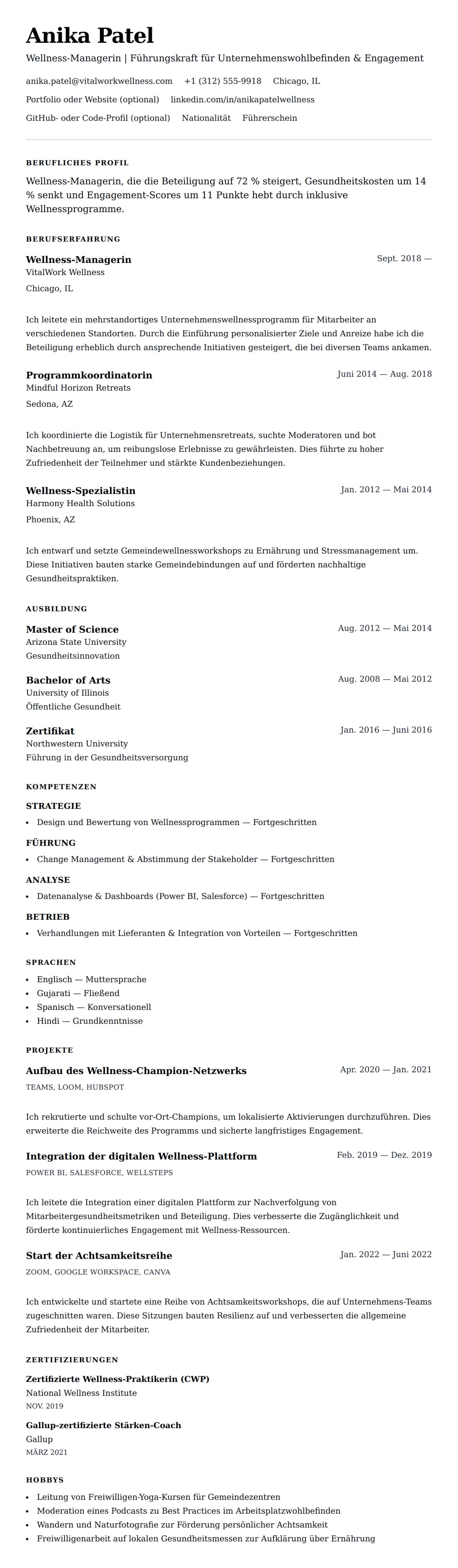 Lebenslaufvorschau für Wellness-Manager Lebenslauf-Beispiel