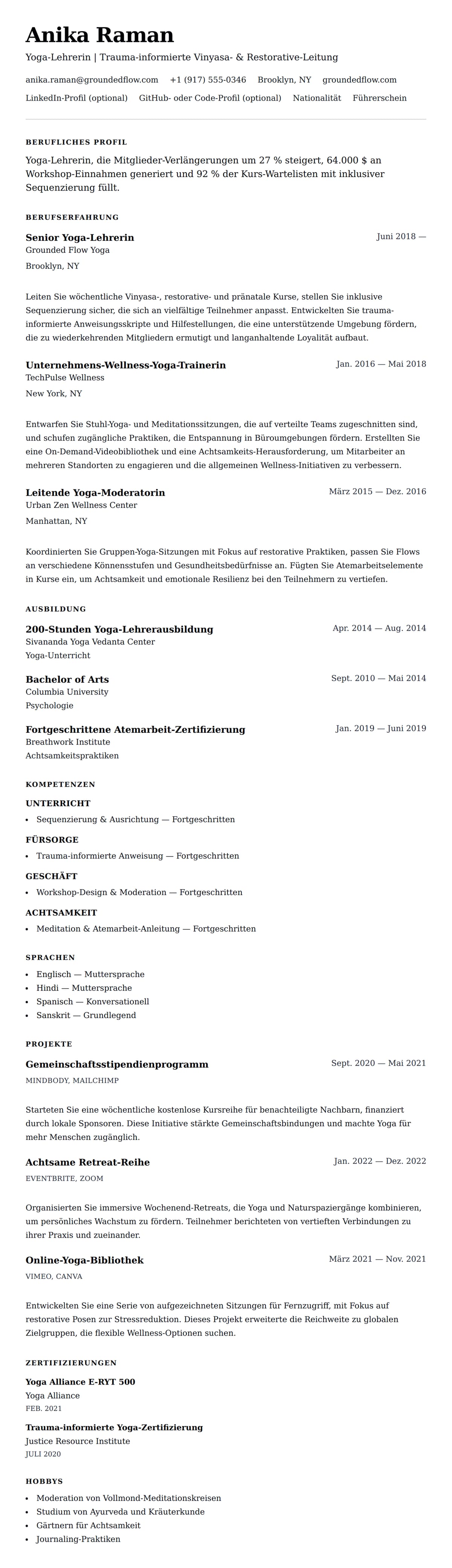 Lebenslaufvorschau für Yoga-Lehrer Lebenslauf-Beispiel