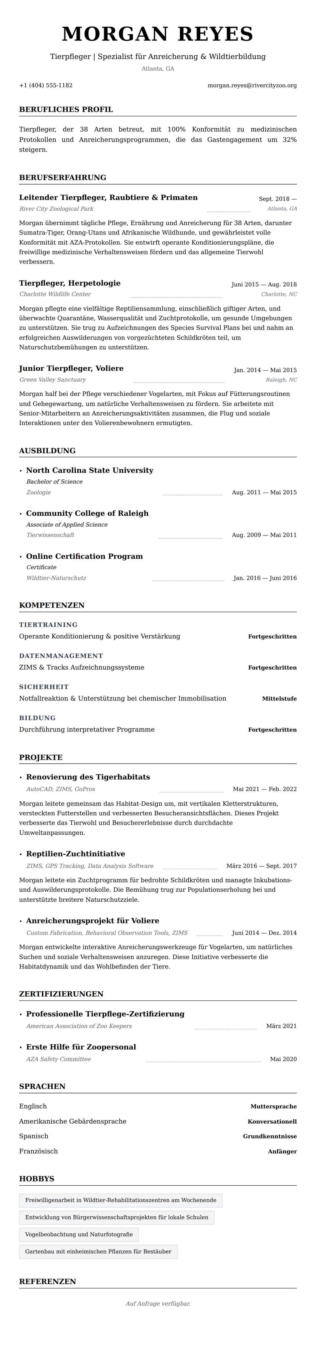 Lebenslaufvorschau für Tierpfleger-Lebenslaufbeispiel