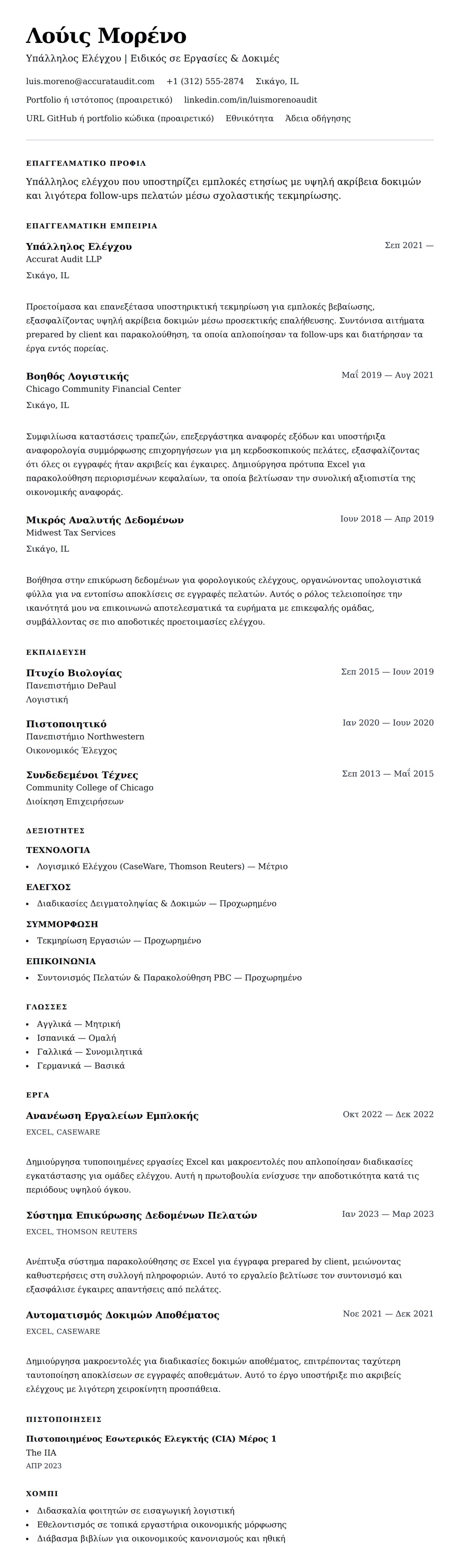 Προεπισκόπηση βιογραφικού για Παράδειγμα Βιογραφικού Υπαλλήλου Ελέγχου