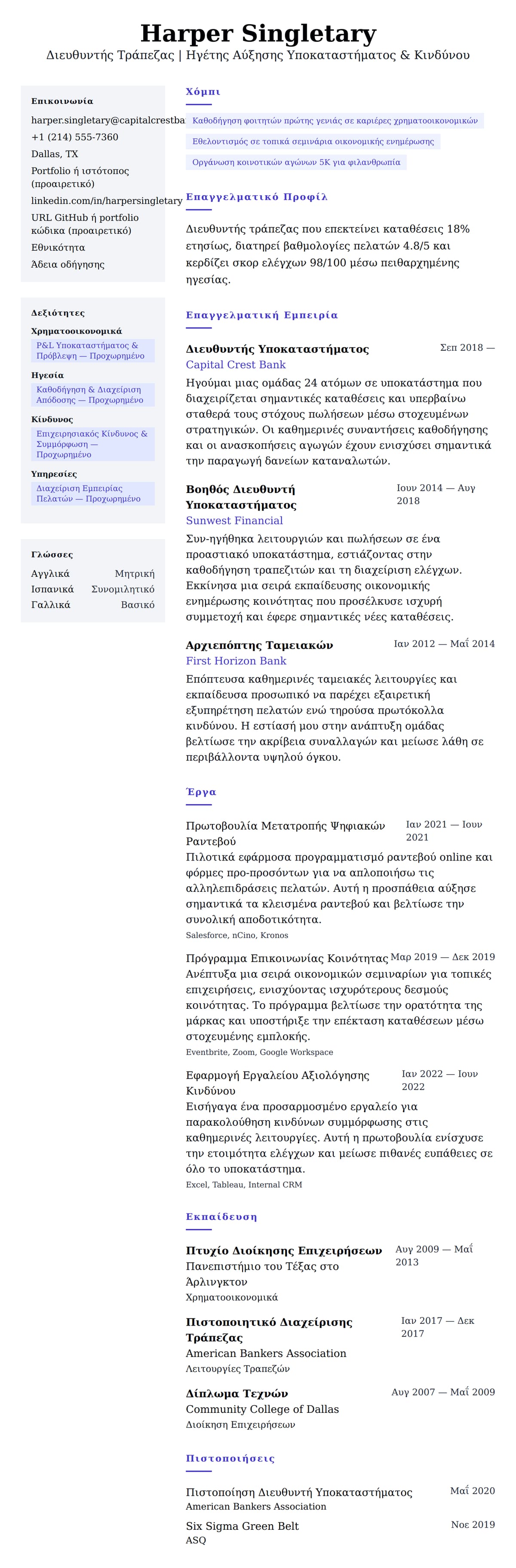 Προεπισκόπηση βιογραφικού για Παράδειγμα Βιογραφικού Διευθυντή Τράπεζας