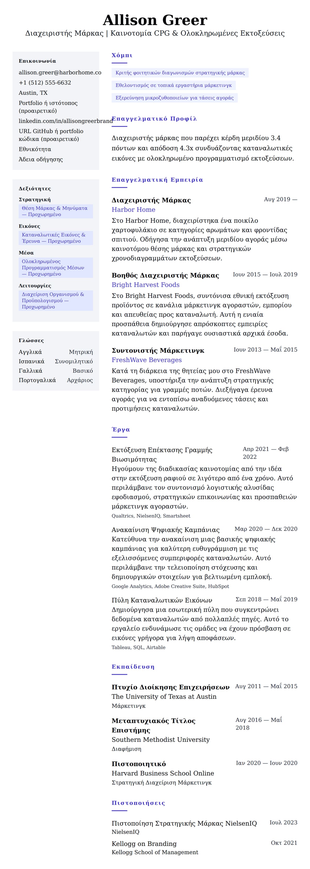 Προεπισκόπηση βιογραφικού για Παράδειγμα Βιογραφικού Διαχειριστή Μάρκας