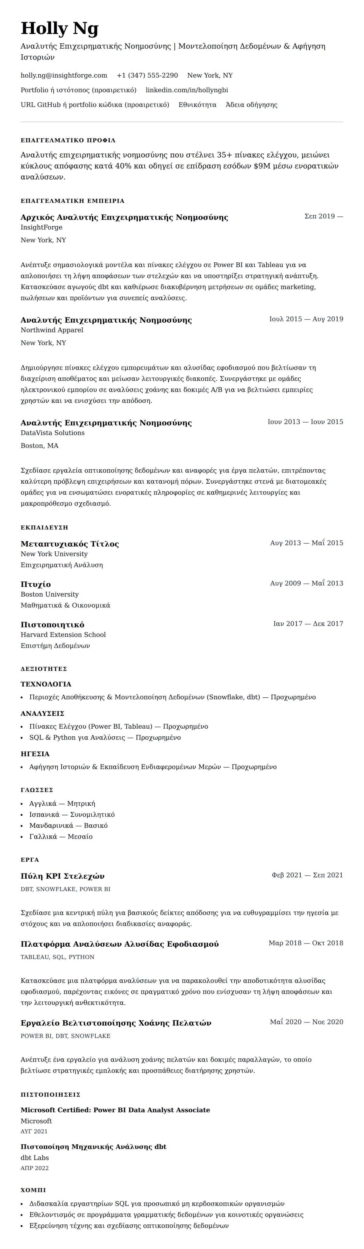 Προεπισκόπηση βιογραφικού για Παράδειγμα Βιογραφικού Αναλυτή Επιχειρηματικής Νοημοσύνης