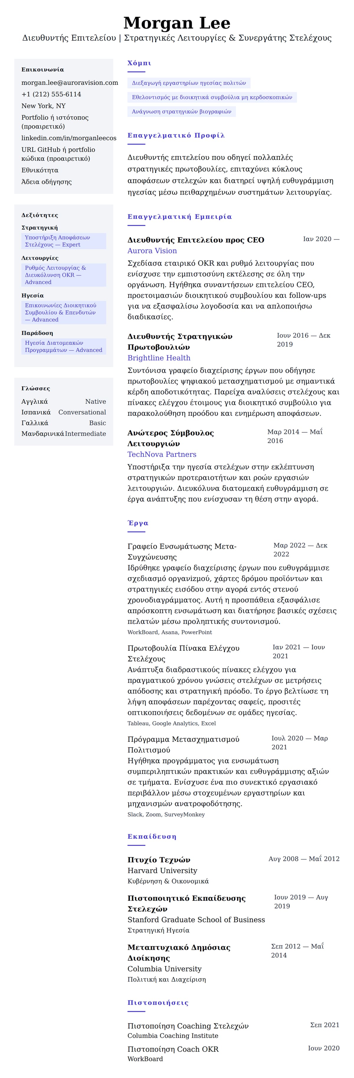 Προεπισκόπηση βιογραφικού για Παράδειγμα Βιογραφικού Διευθυντή Επιτελείου