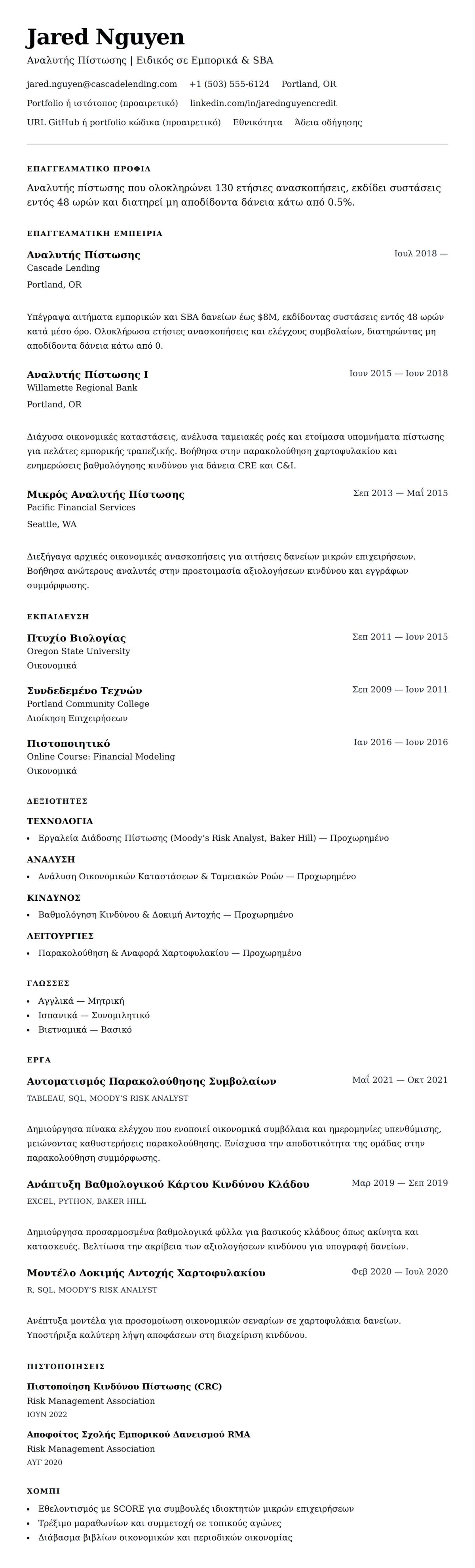 Προεπισκόπηση βιογραφικού για Παράδειγμα Βιογραφικού Αναλυτή Πίστωσης