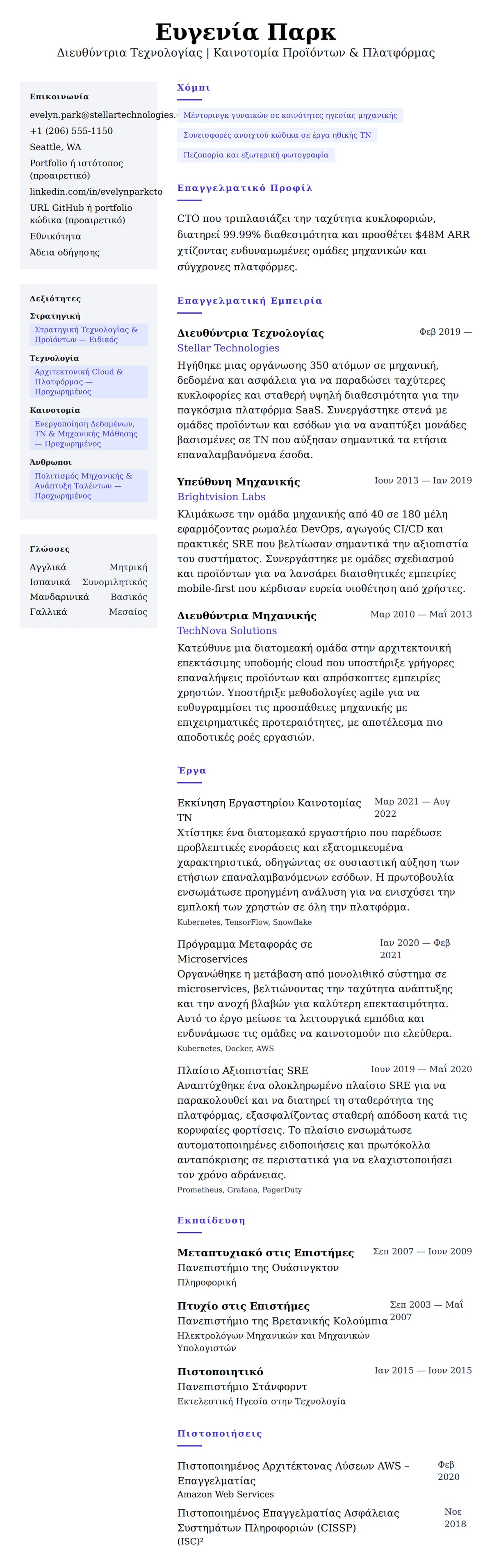 Προεπισκόπηση βιογραφικού για Παράδειγμα Βιογραφικού Διευθυντή Τεχνολογίας