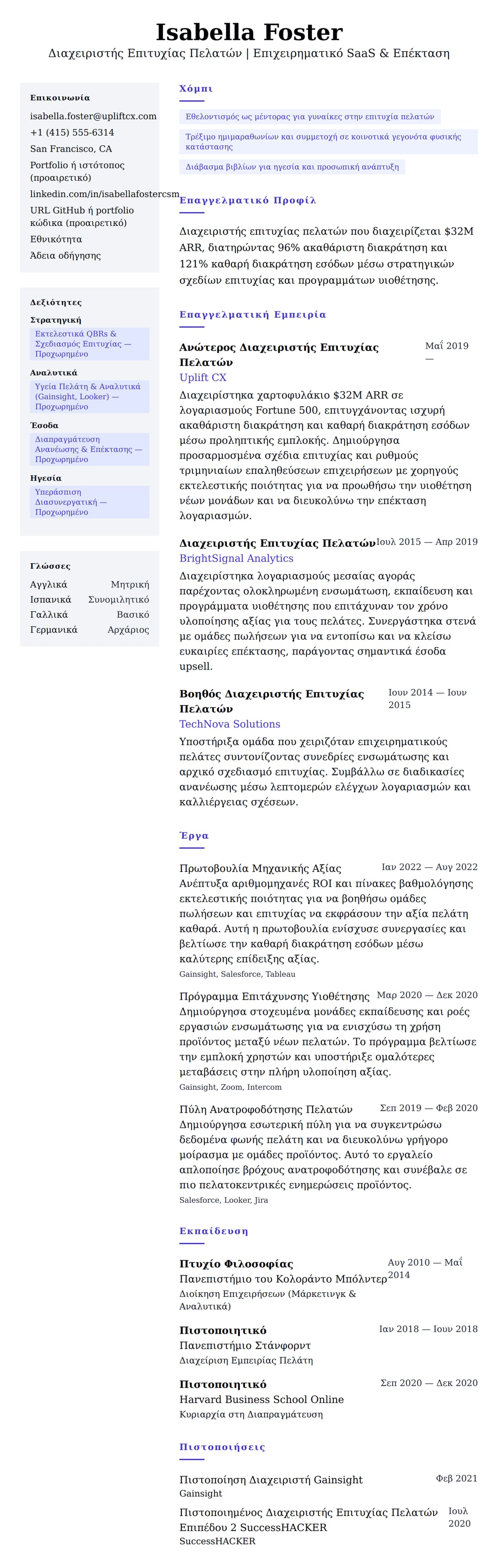 Προεπισκόπηση βιογραφικού για Παράδειγμα Βιογραφικού Διαχειριστή Επιτυχίας Πελατών