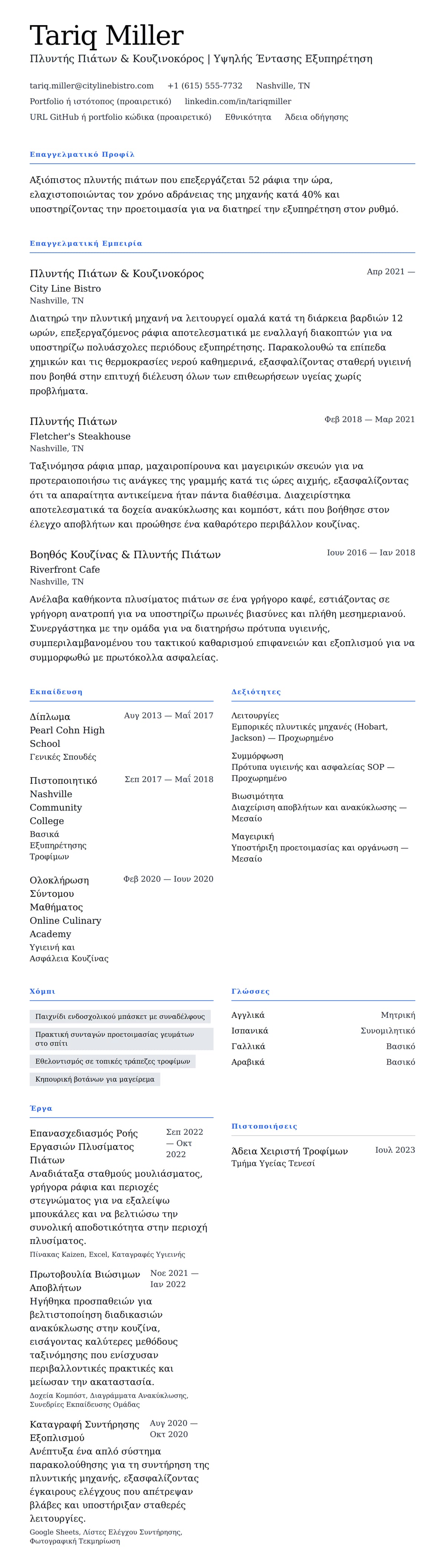 Προεπισκόπηση βιογραφικού για Παράδειγμα Βιογραφικού Πλυντή Πιάτων