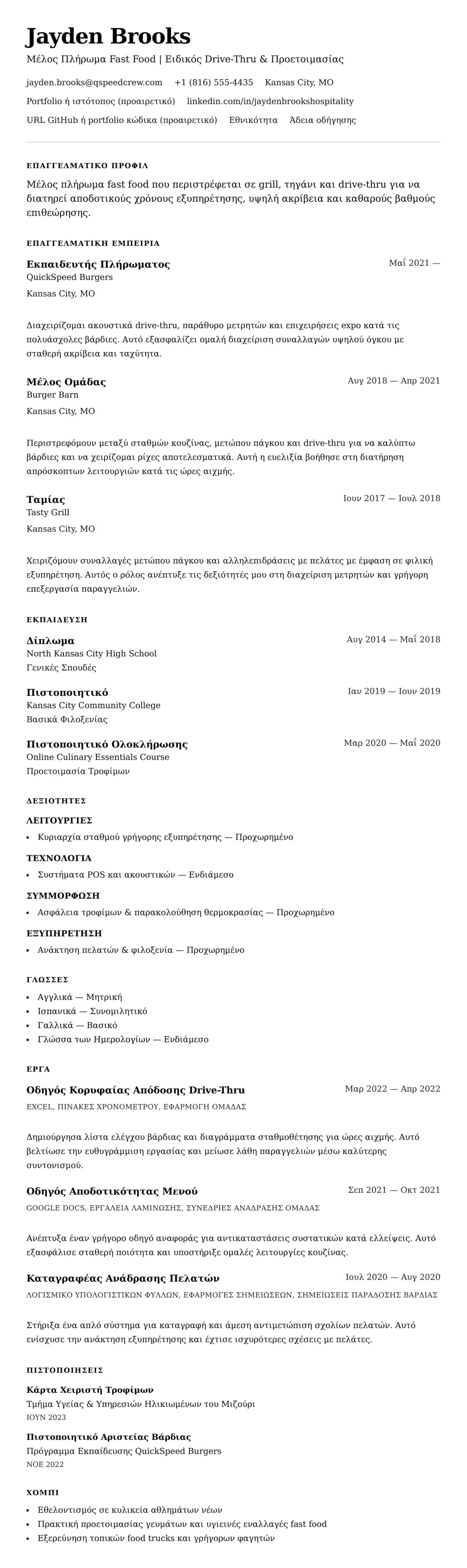 Προεπισκόπηση βιογραφικού για Παράδειγμα Βιογραφικού Εργαζόμενου σε Fast Food