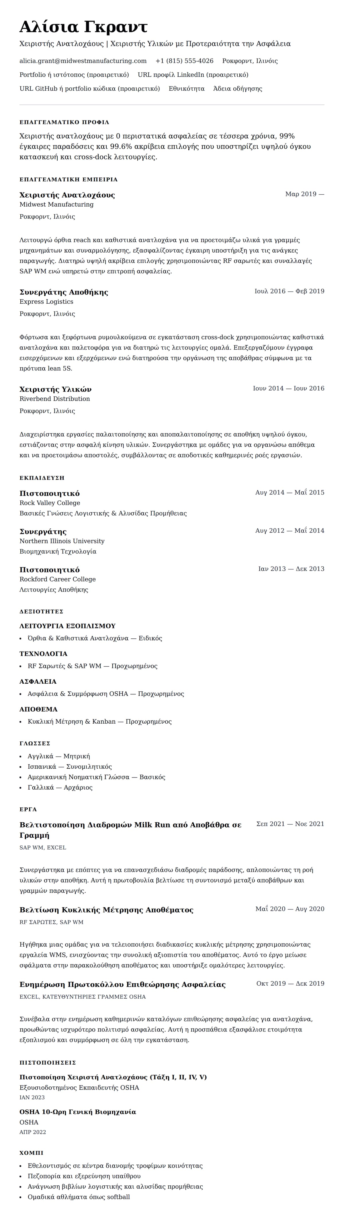 Προεπισκόπηση βιογραφικού για Παράδειγμα Βιογραφικού Χειριστή Ανατλοχάους