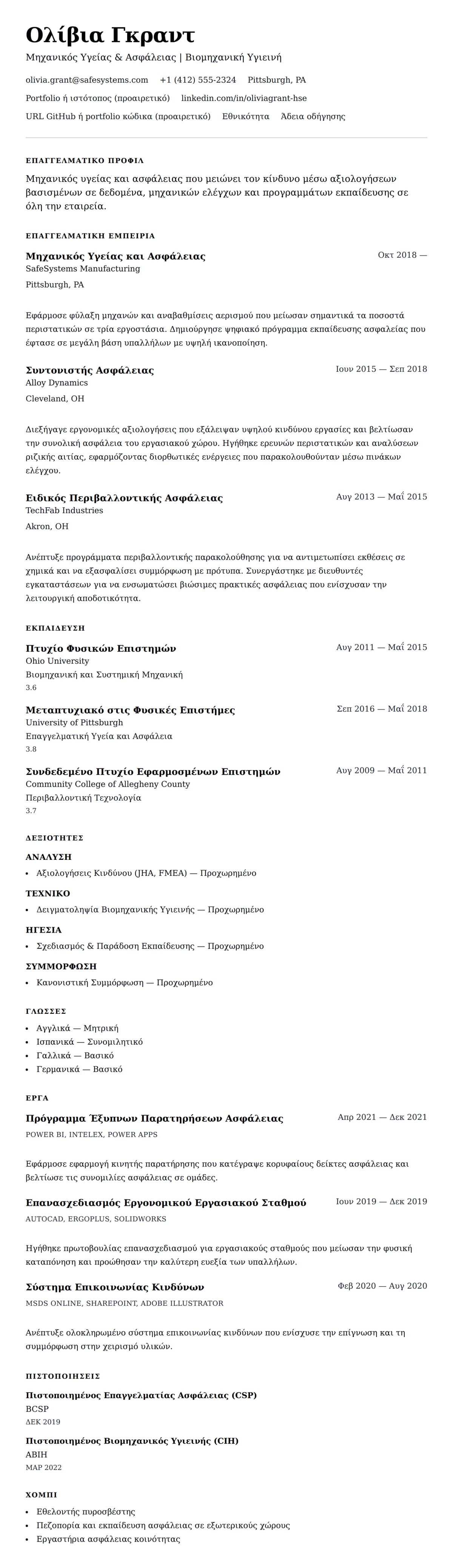 Προεπισκόπηση βιογραφικού για Παράδειγμα Βιογραφικού Μηχανικού Υγείας και Ασφάλειας