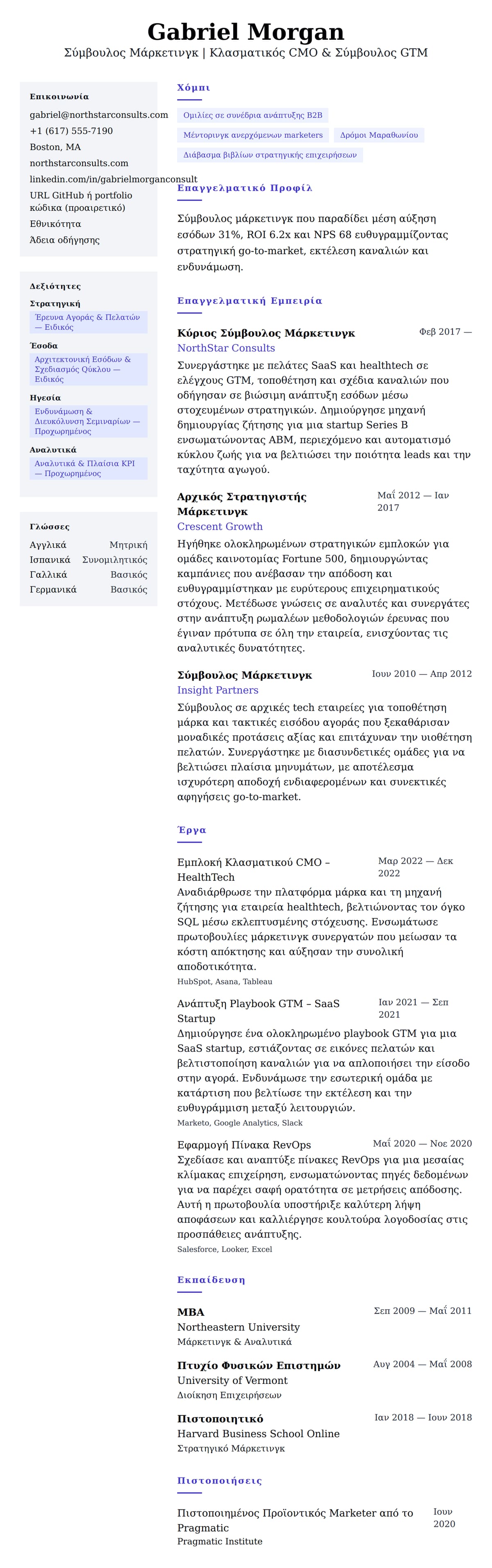 Προεπισκόπηση βιογραφικού για Παράδειγμα Βιογραφικού Σύμβουλου Μάρκετινγκ