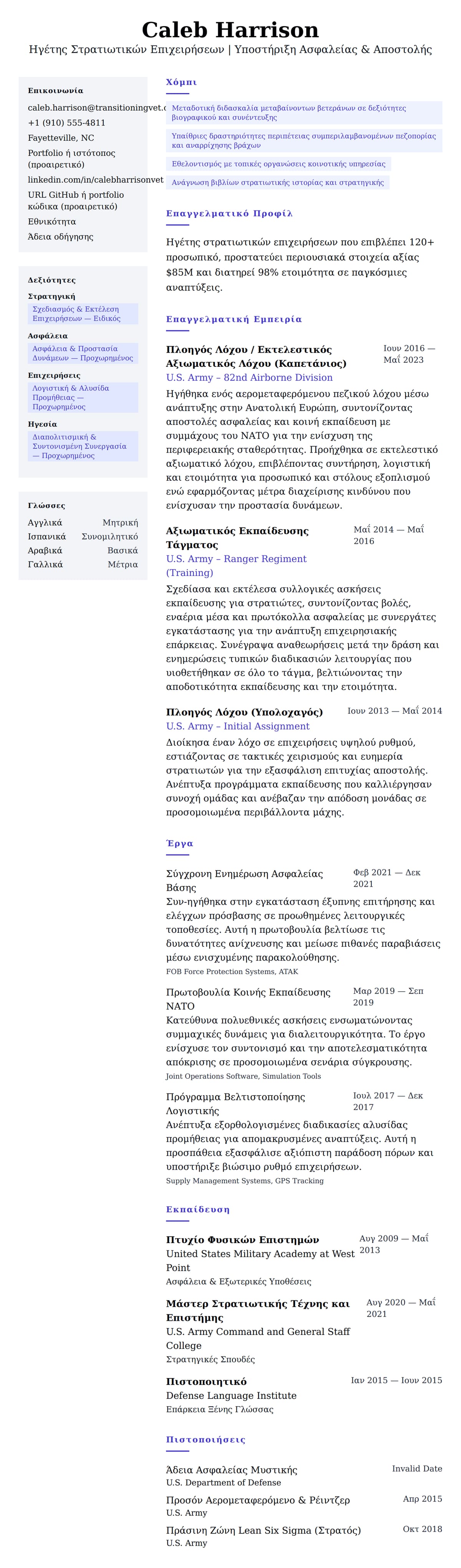 Προεπισκόπηση βιογραφικού για Παράδειγμα Βιογραφικού Μέλους Στρατιωτικής Υπηρεσίας