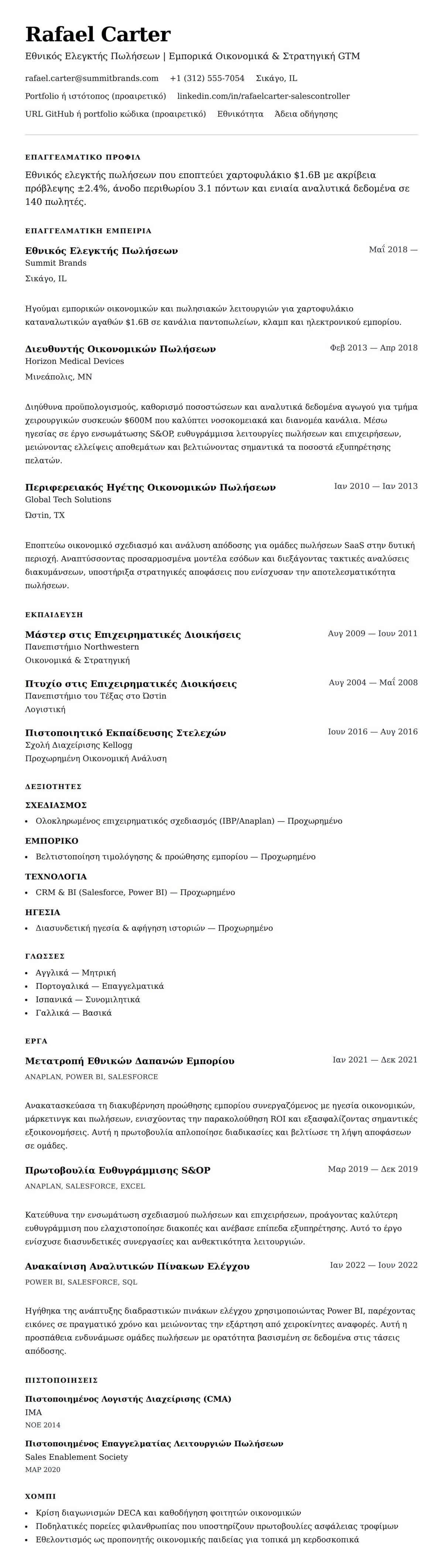 Προεπισκόπηση βιογραφικού για Παράδειγμα Βιογραφικού Εθνικού Ελεγκτή Πωλήσεων