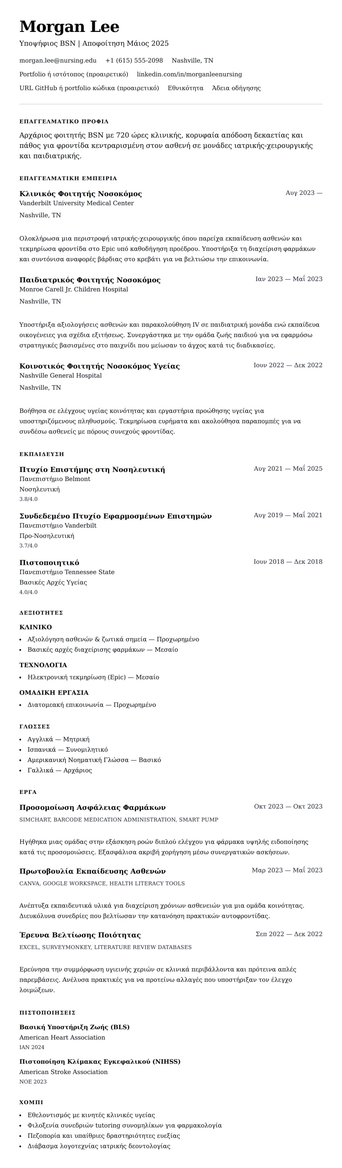Προεπισκόπηση βιογραφικού για Παράδειγμα Βιογραφικού Φοιτητή Νοσηλευτικής
