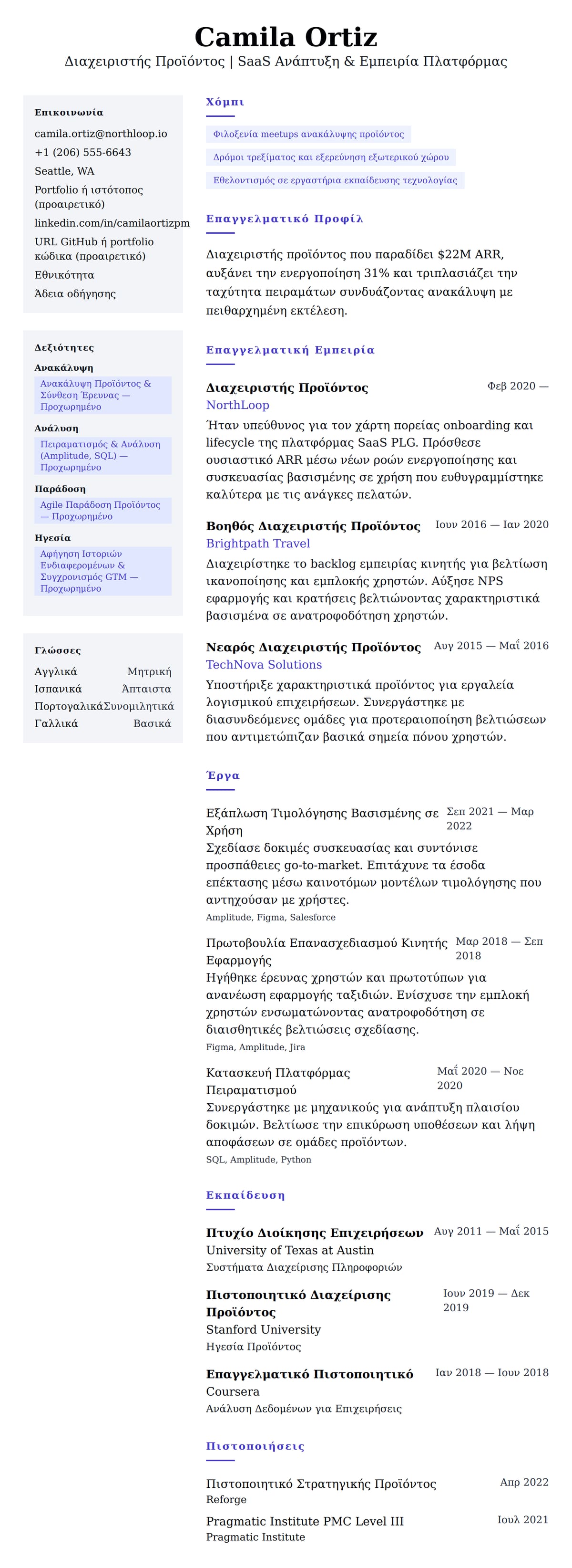 Προεπισκόπηση βιογραφικού για Παράδειγμα Βιογραφικού Διαχειριστή Προϊόντος