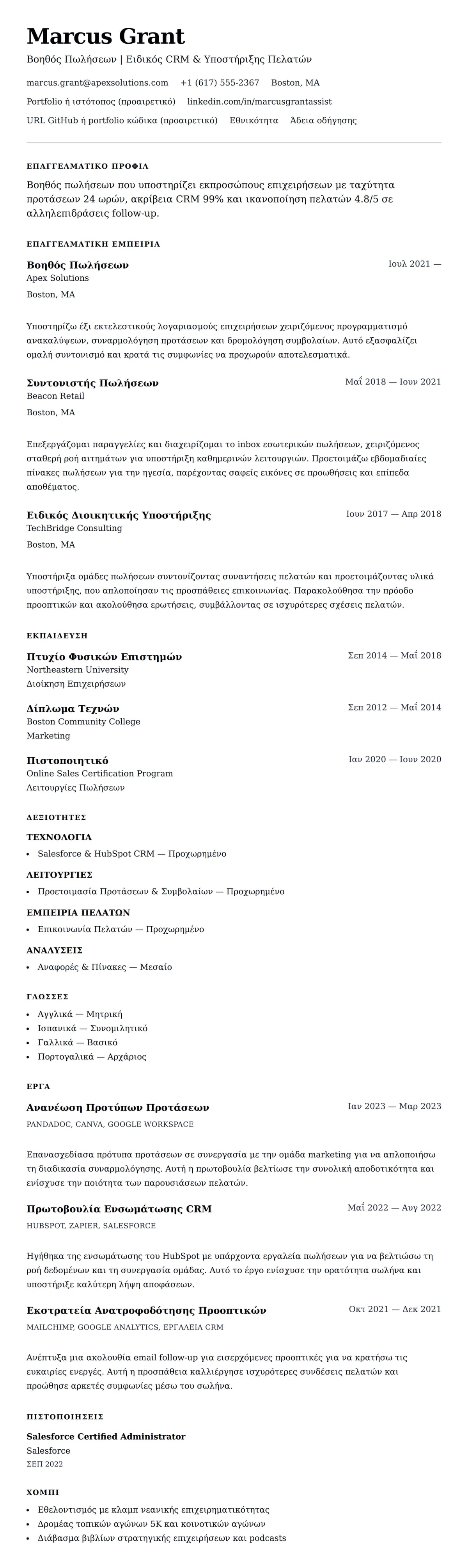 Προεπισκόπηση βιογραφικού για Παράδειγμα Βιογραφικού Βοηθού Πωλήσεων