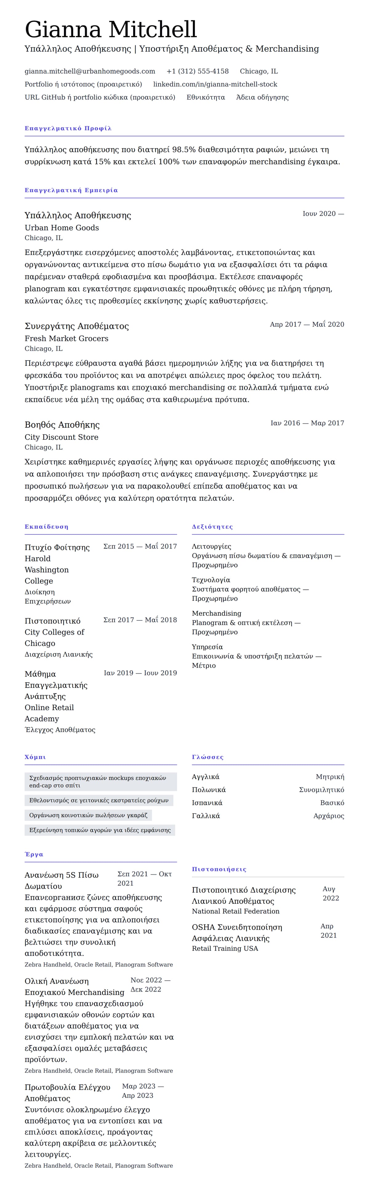 Προεπισκόπηση βιογραφικού για Παράδειγμα Βιογραφικού Υπαλλήλου Αποθήκευσης