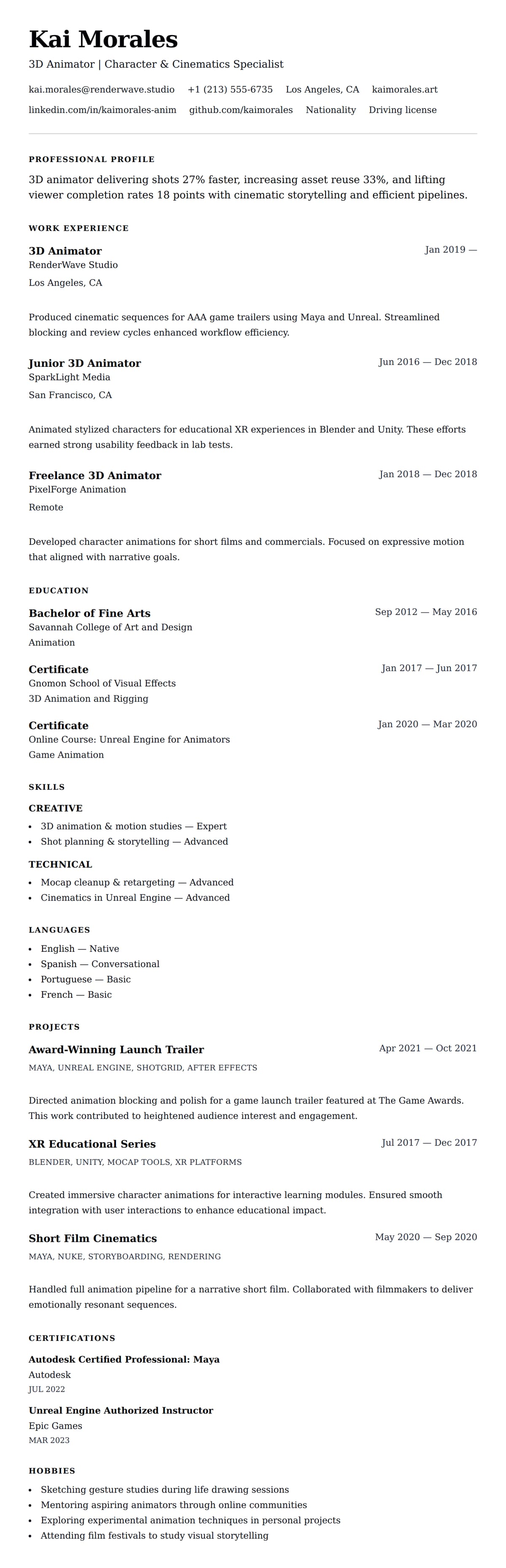 Resume preview for 3D Animator Resume Example