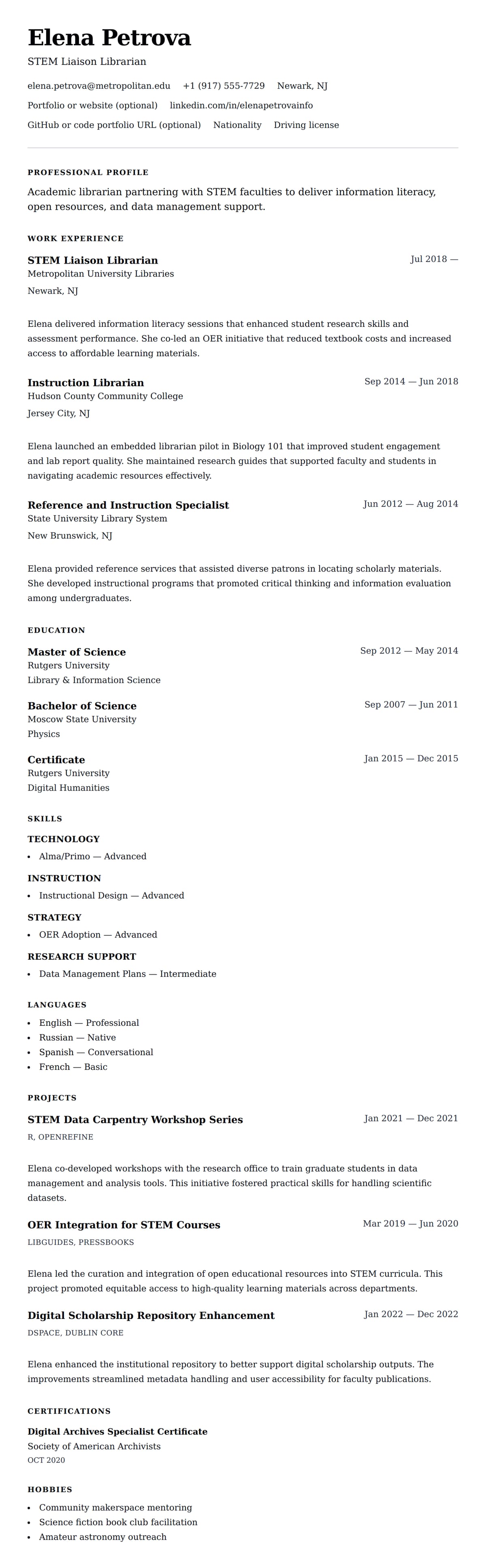 Resume preview for Academic Librarian Resume Example