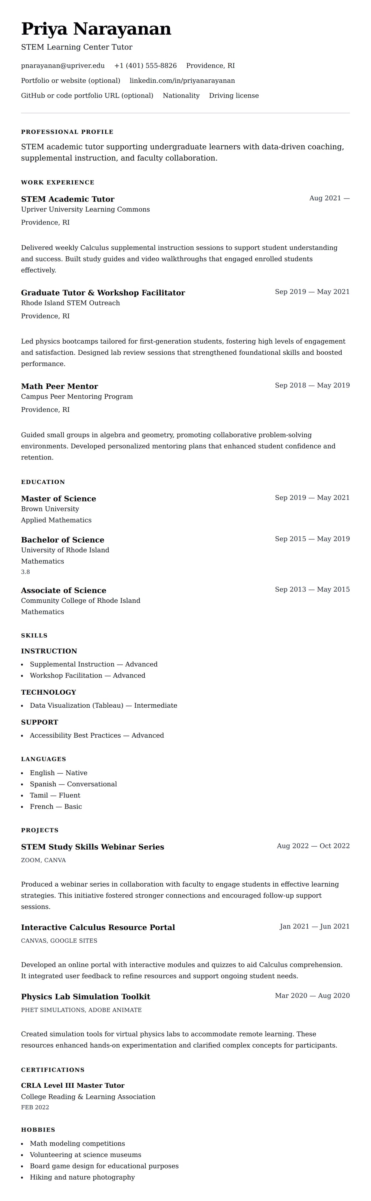 Resume preview for Academic Tutor Resume Example