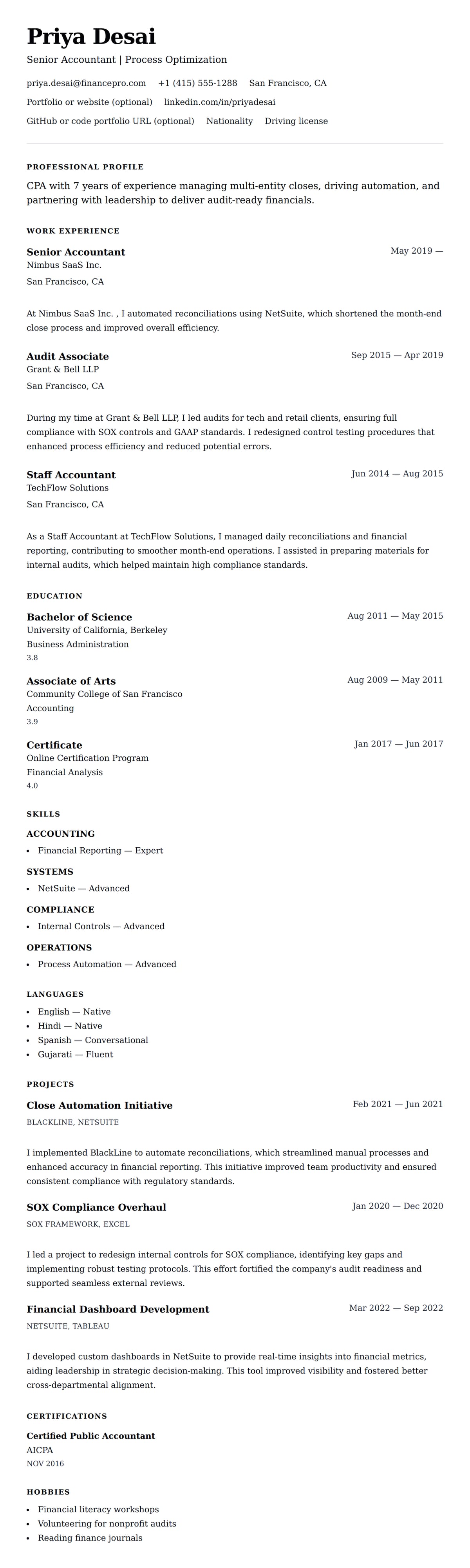 Resume preview for Accountant Resume Example