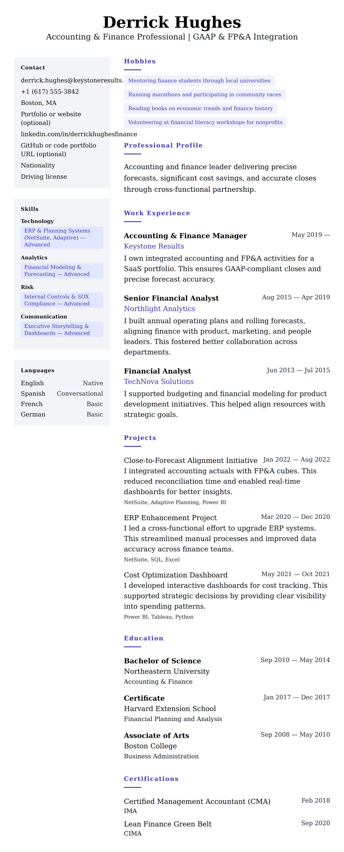 Resume preview for Accounting and Finance Professional Resume Example