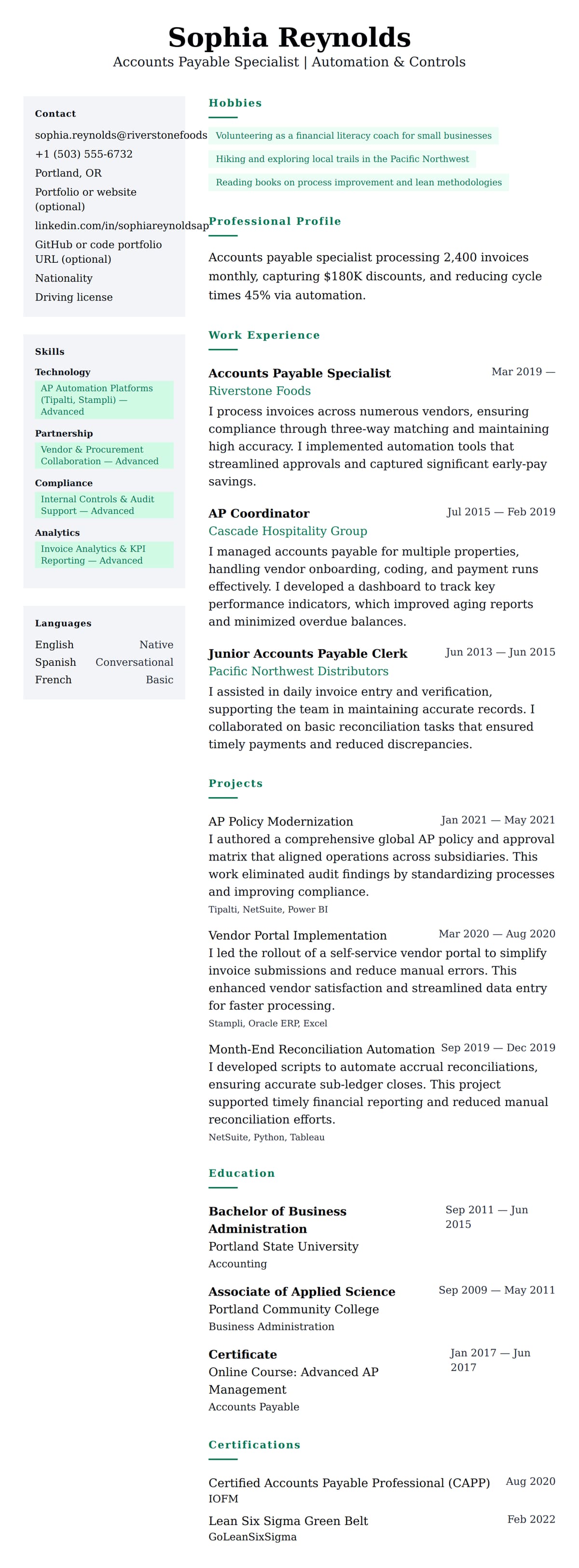 Resume preview for Accounts Payable Specialist Resume Example