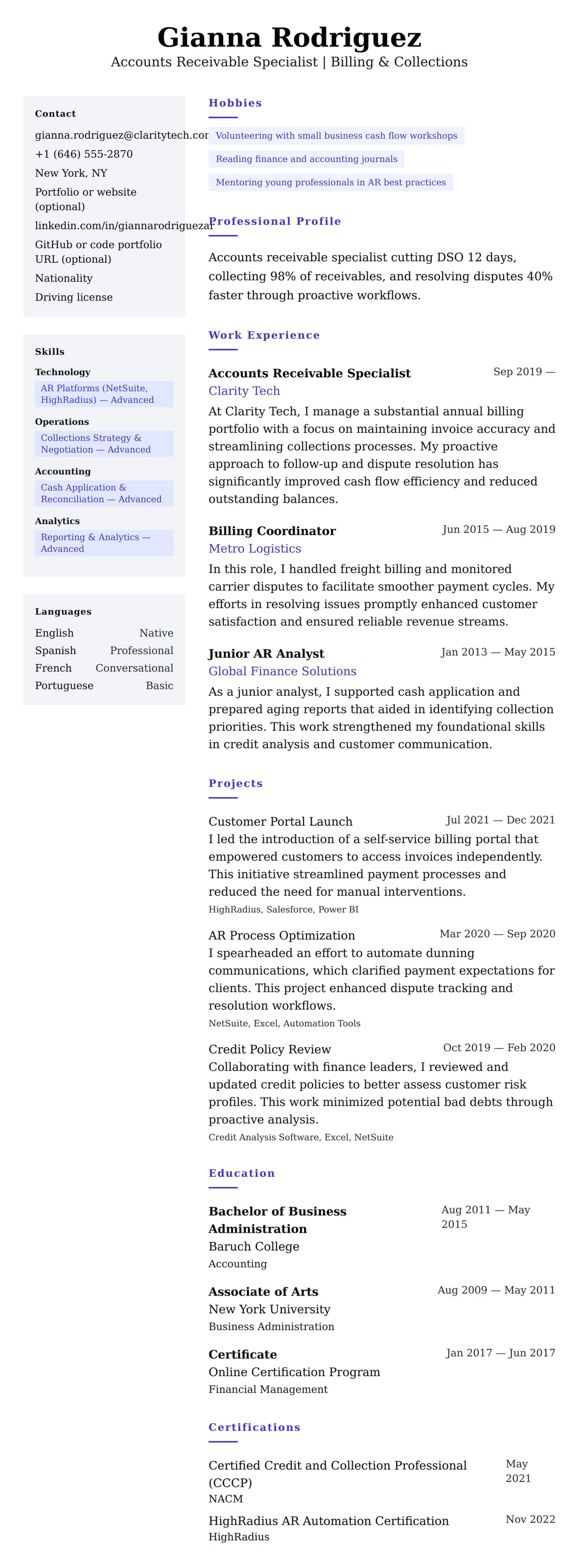 Resume preview for Accounts Receivable Specialist Resume Example