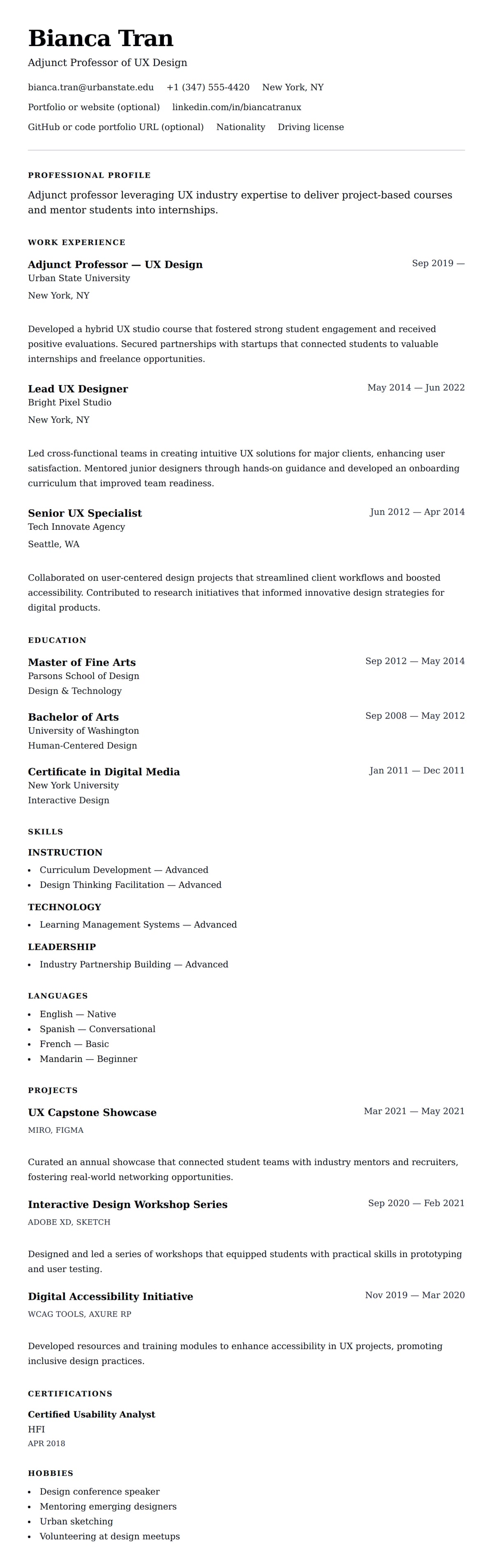Resume preview for Adjunct Professor Resume Example
