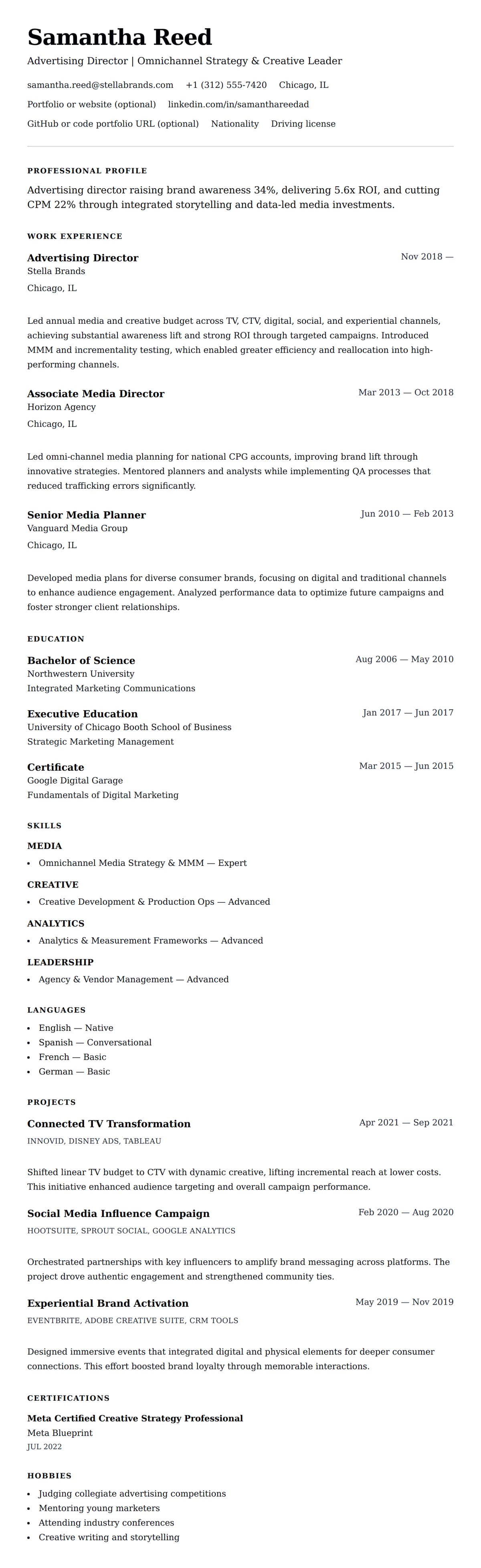 Resume preview for Advertising Director Resume Example