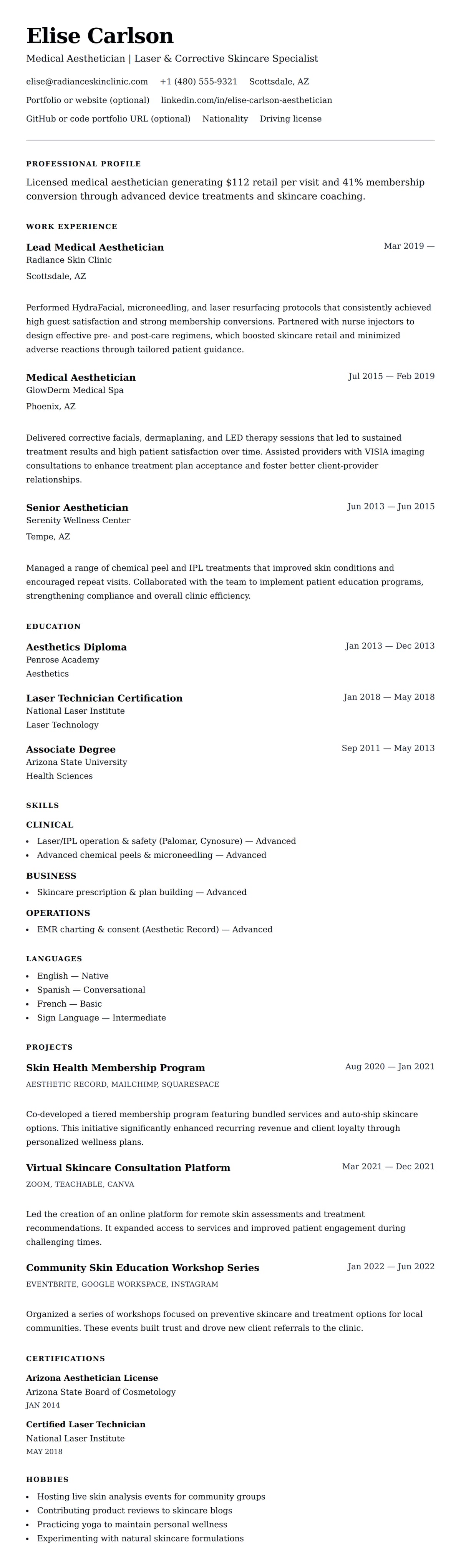 Medical Aesthetician Resume Example
