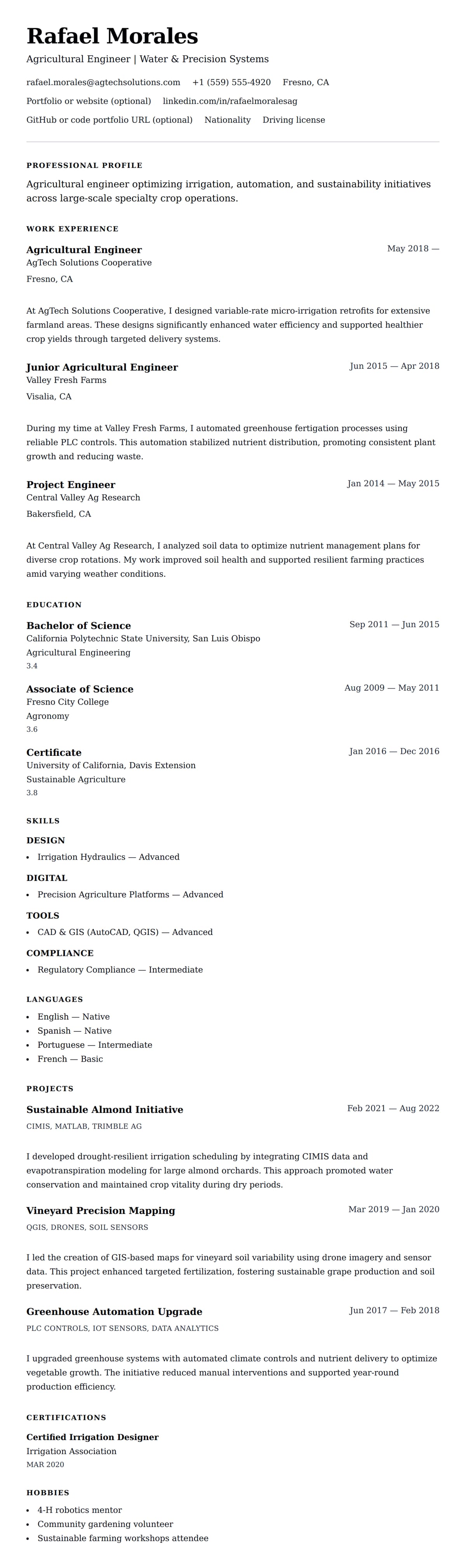 Resume preview for Agricultural Engineer Resume Example