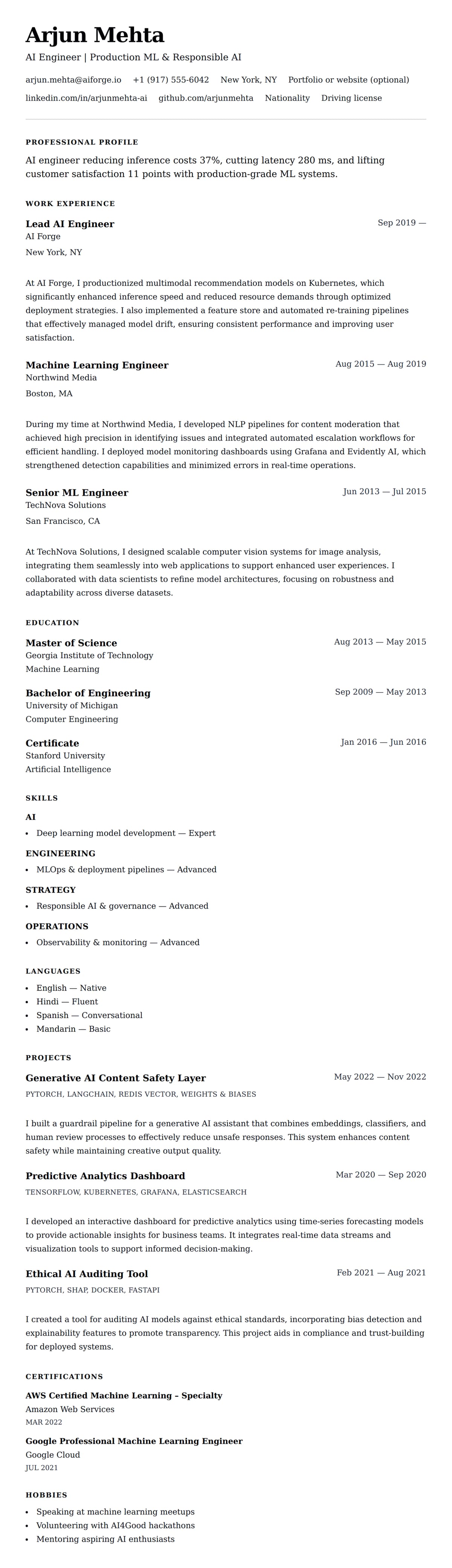 Resume preview for AI Engineer Resume Example