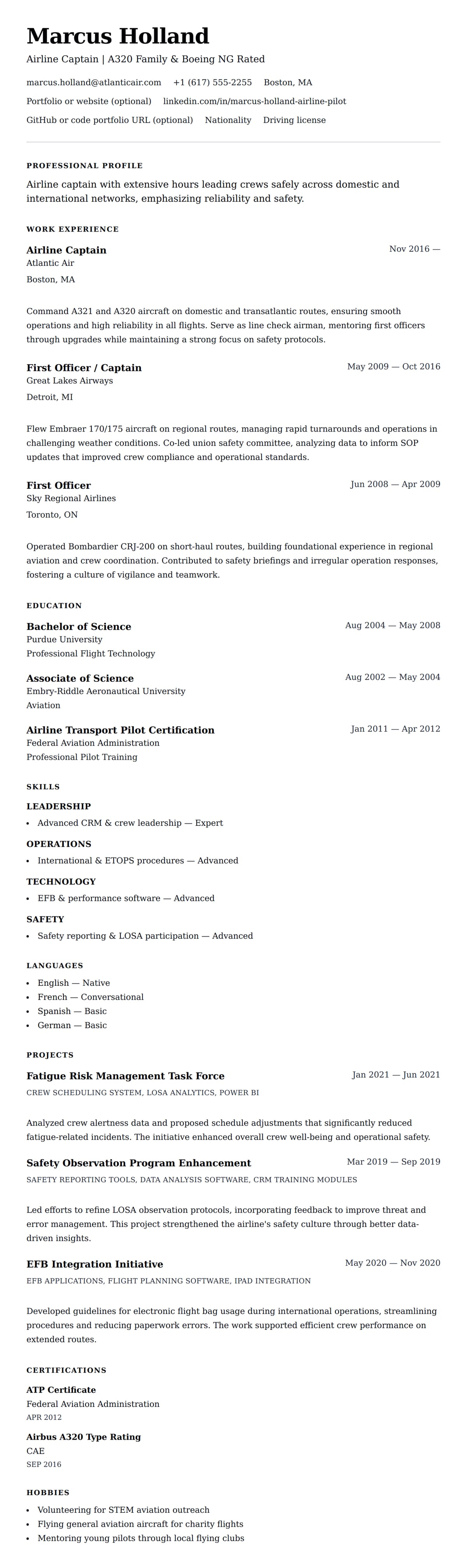 Resume preview for Airline Pilot Resume Example