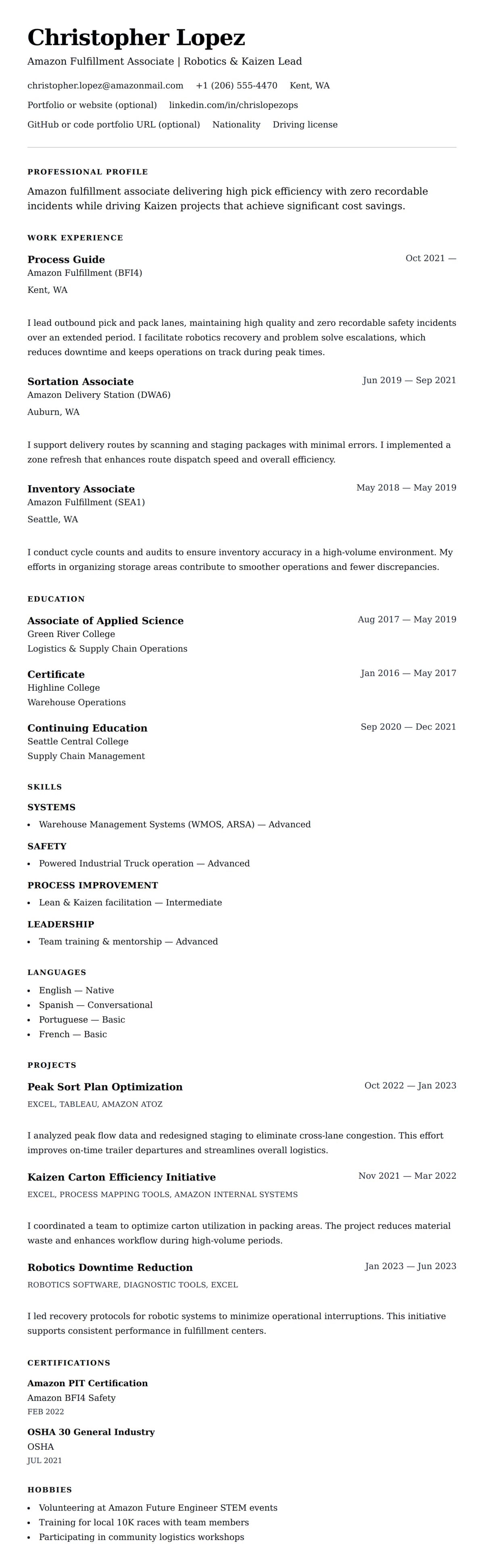 Resume preview for Amazon Associate Resume Example