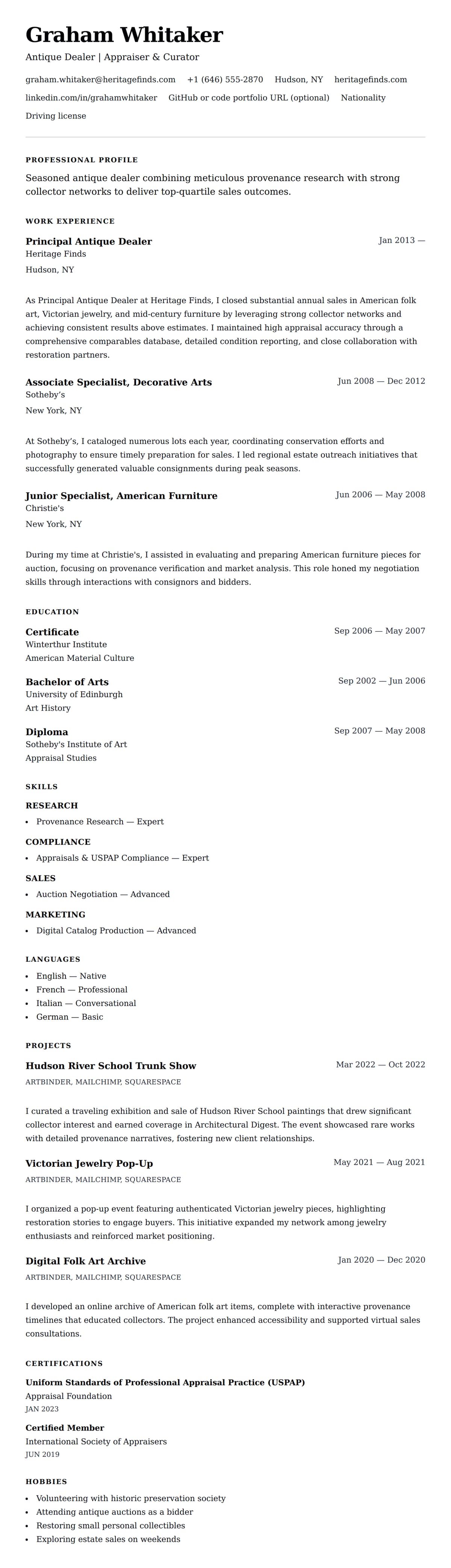 Resume preview for Antique Dealer Resume Example