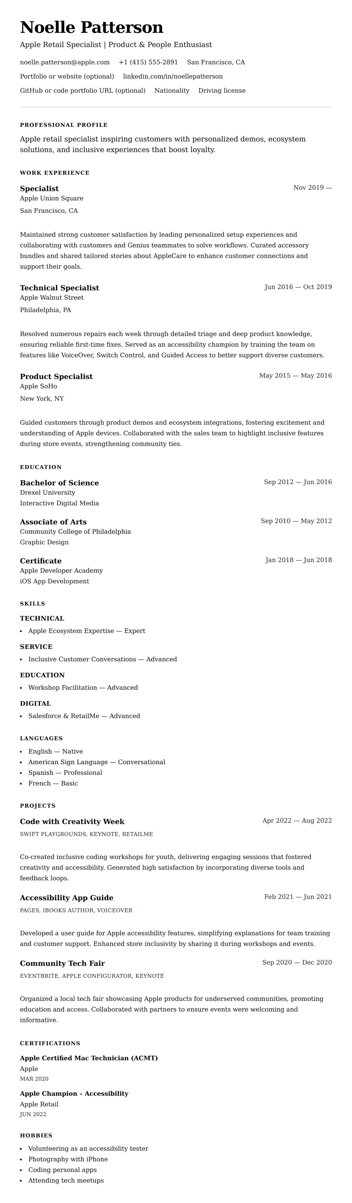 Resume preview for Apple Retail Specialist Resume Example