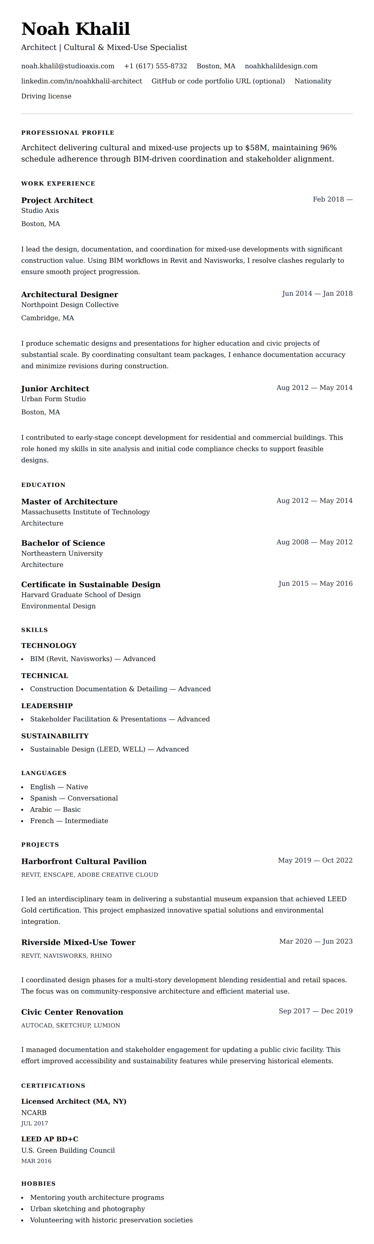 Resume preview for Architect Resume Example