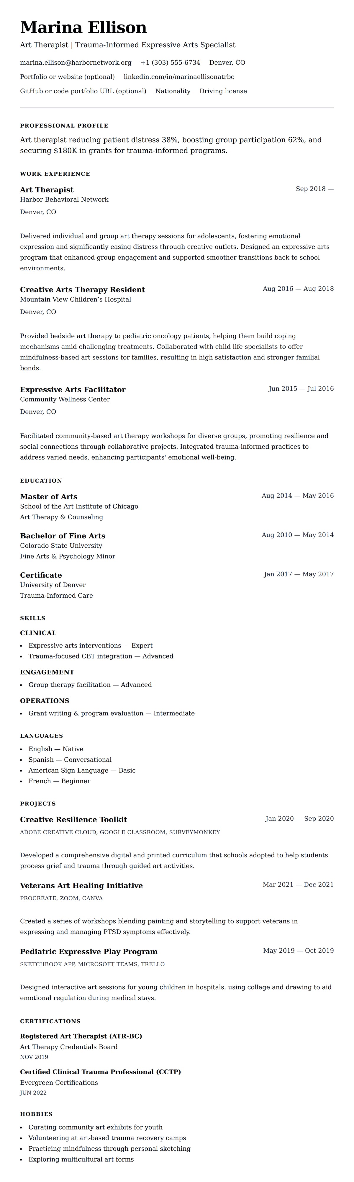 Resume preview for Art Therapist Resume Example