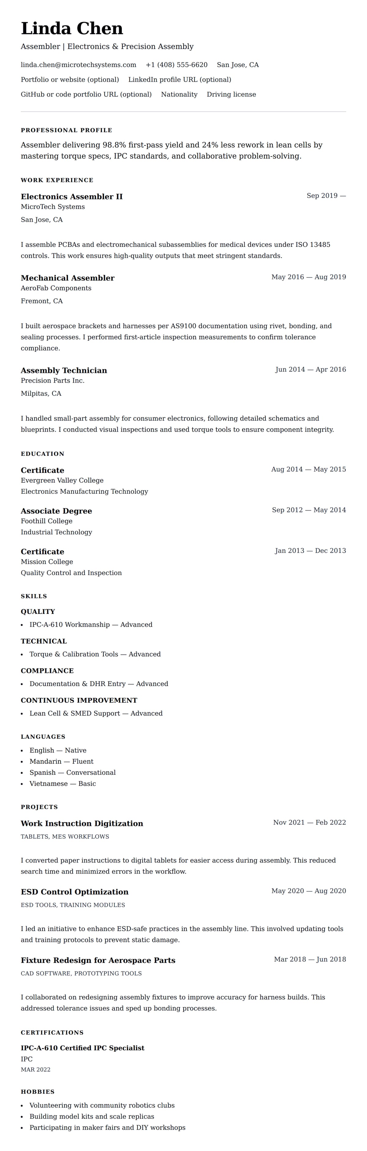 Resume preview for Assembler Resume Example