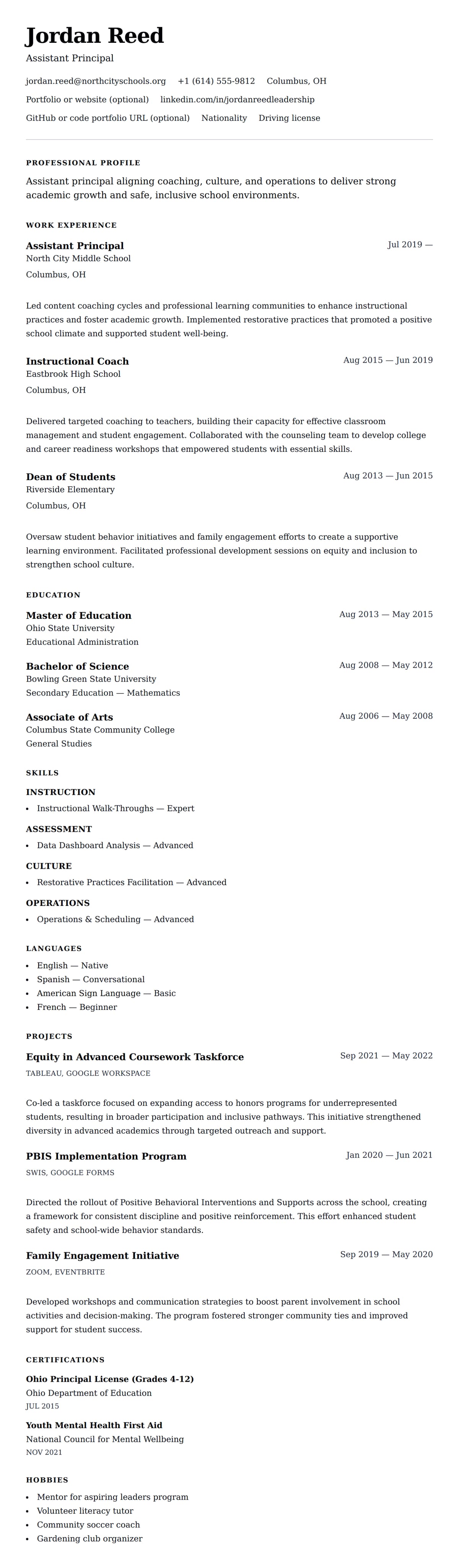 Resume preview for Assistant Principal Resume Example