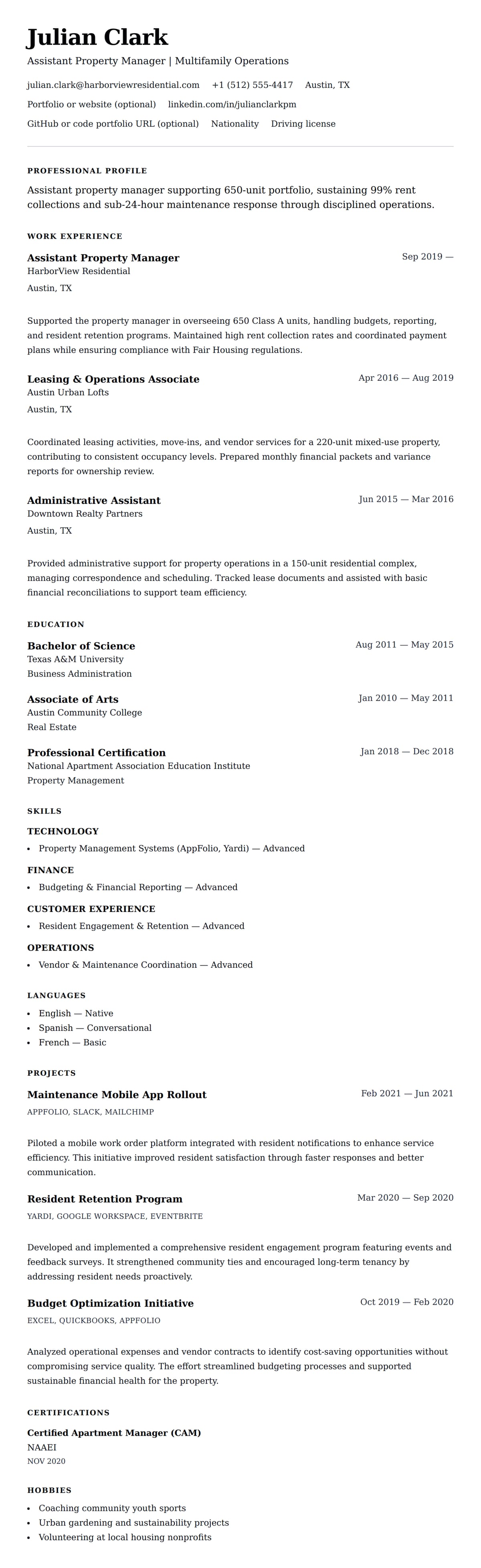 Resume preview for Assistant Property Manager Resume Example