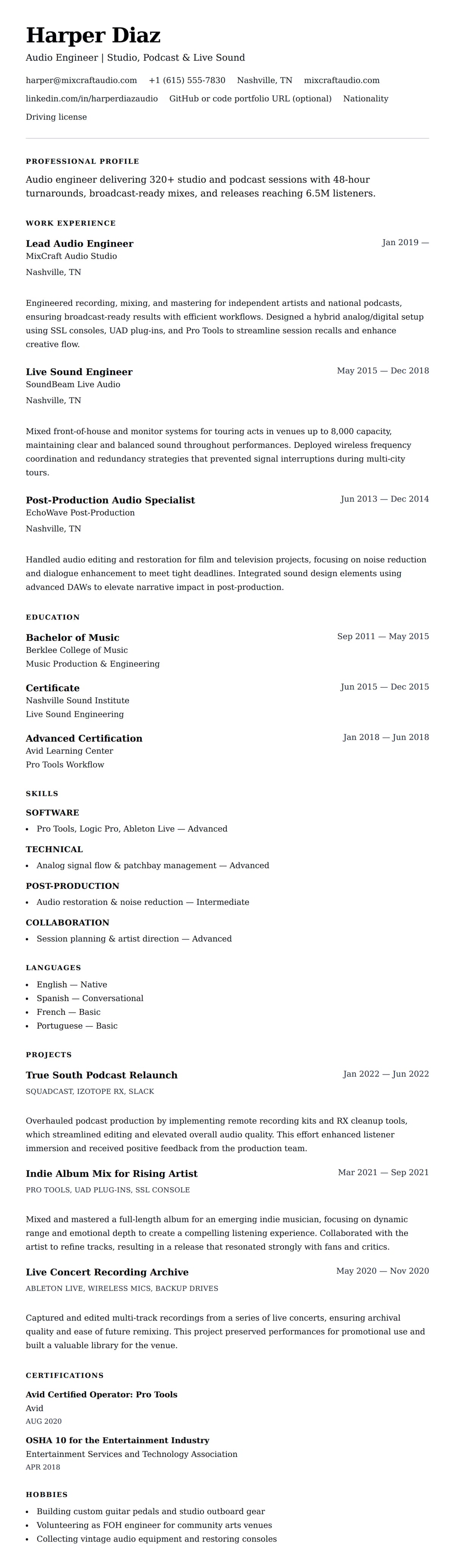 Resume preview for Audio Engineer Resume Example
