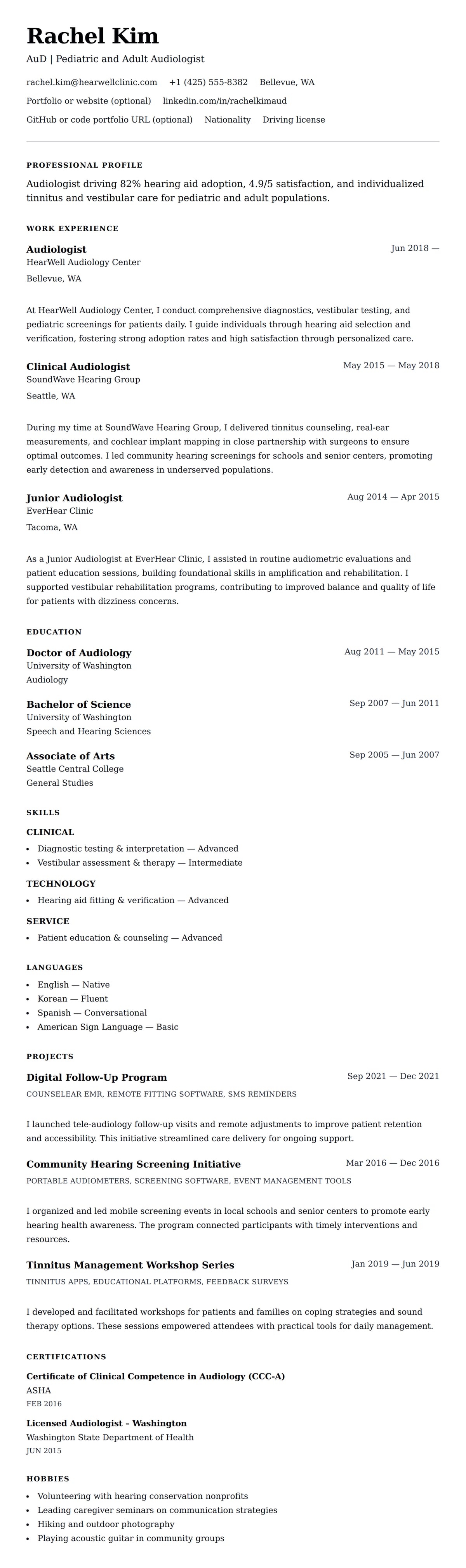 Resume preview for Audiologist Resume Example