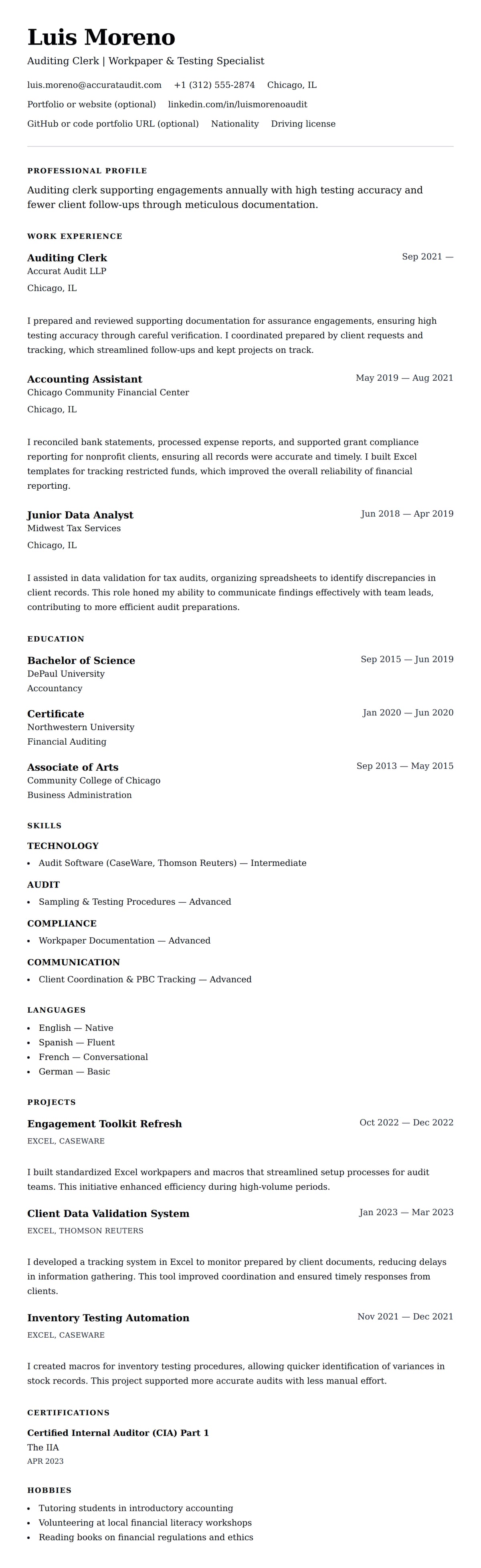 Resume preview for Auditing Clerk Resume Example